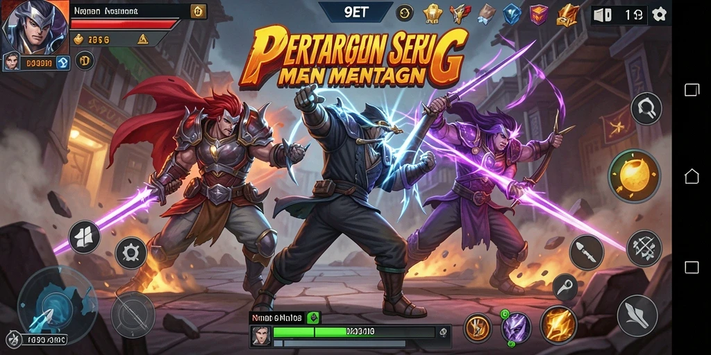 Tampilan gameplay 9ET yang intens dengan karakter bertarung di arena.