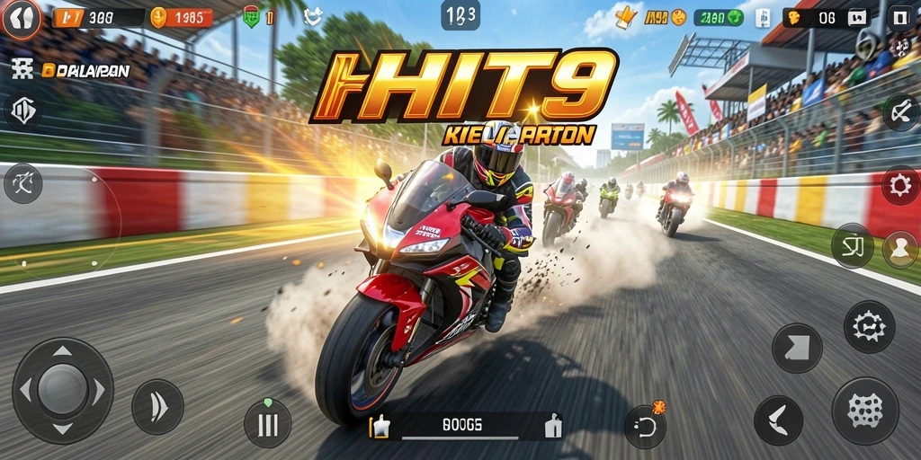 Screenshot utama HIT9 menampilkan aksi balapan motor yang mendebarkan.