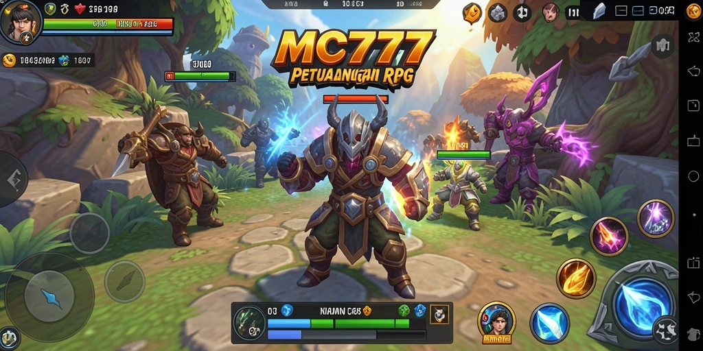Screenshot gameplay MC777 menampilkan pertarungan seru di dunia RPG.