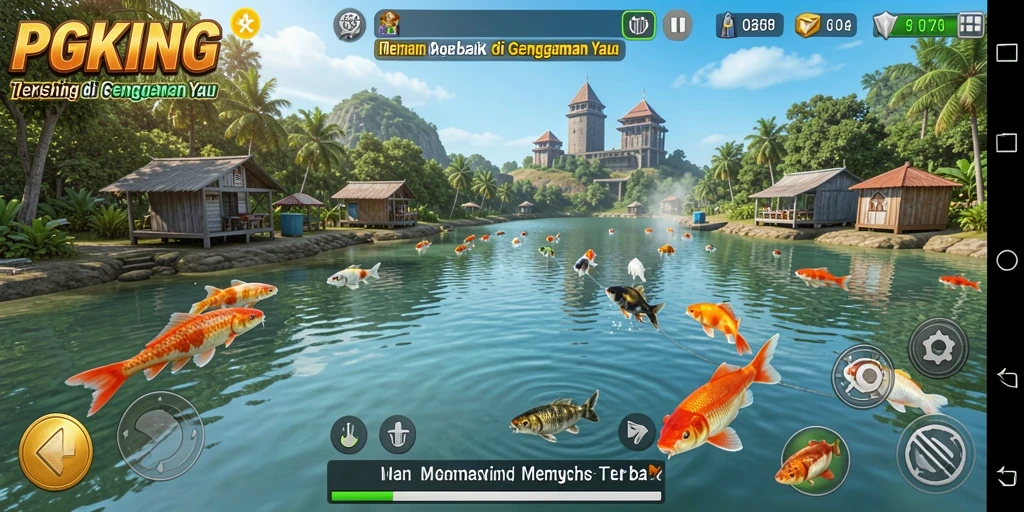 Tampilan gameplay PGKING dengan berbagai jenis ikan dan lokasi memancing.