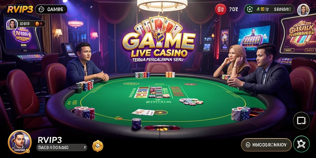Screenshot utama RVIP3 menampilkan dealer langsung dalam aksi di meja permainan.